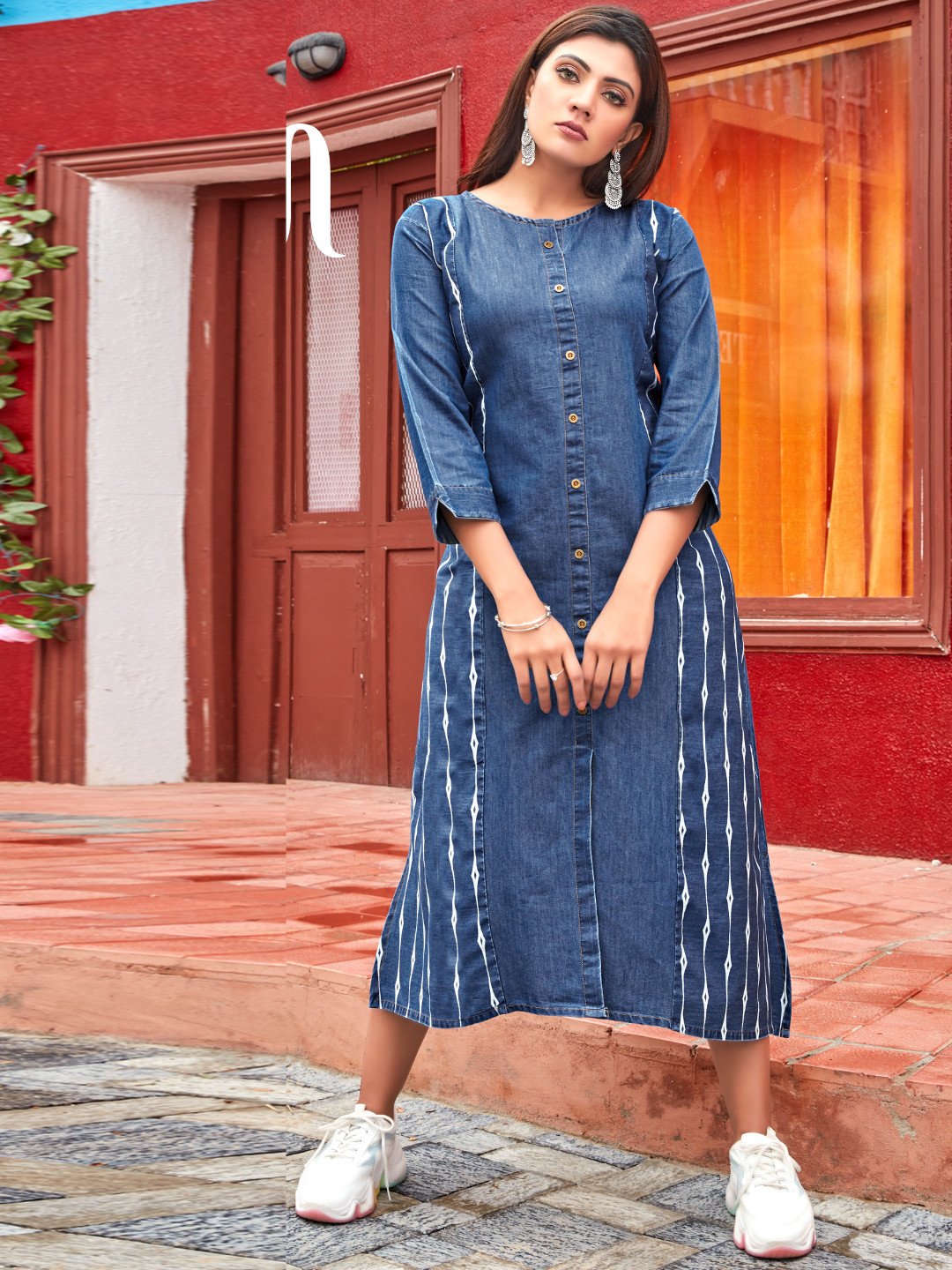 Cut Work Sleeves Cotton Denim Blue Long Kurti | Denimos-Tips ...