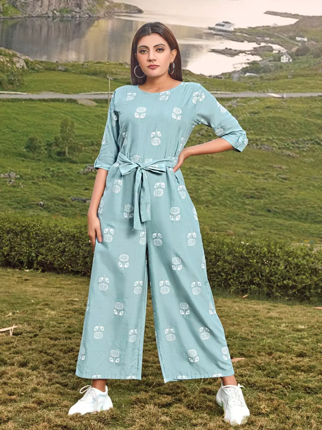 Light Blue Rayon Printed Jumpsuit SUPERME TIPS TOPS 01 Cilory