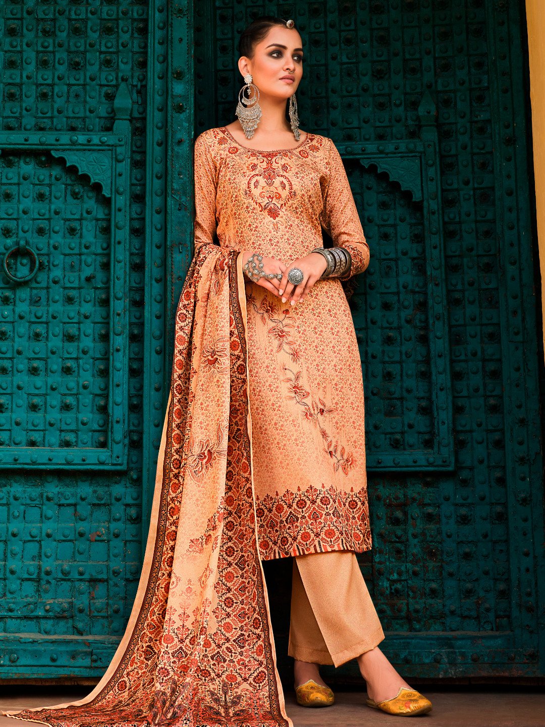 Printed Beige Wool Pashmina Un Stitched Suit Set GULNAR 733 008 Cilory