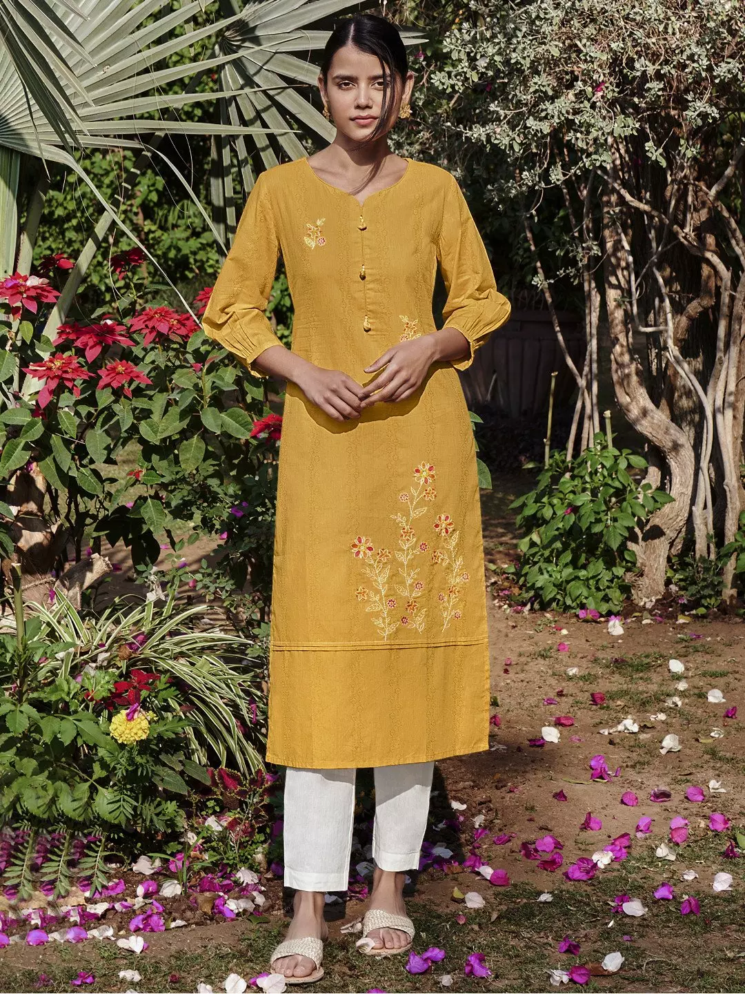 YELLOW COTTON KURTI WITH LACE PATCHES AND LYCRA PANTS