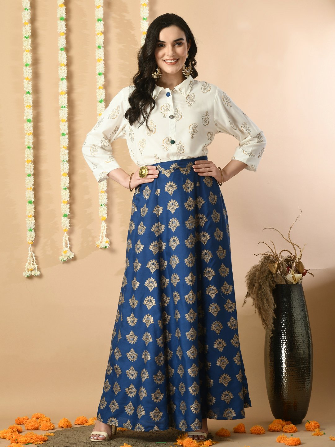 White Navy Blue Foil Printed Shirt Skirt Set EST WRAG 296 Cilory