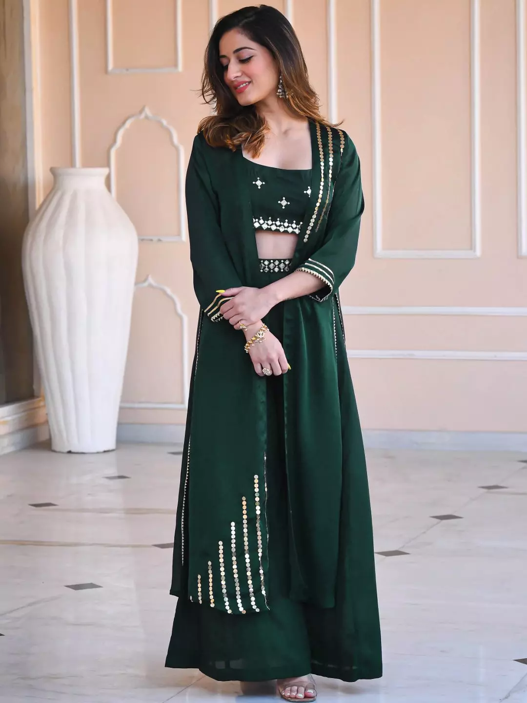Bottle Green Multi Embroidered Crop Top Palazzo With Shrug AARYA 01 Cilory