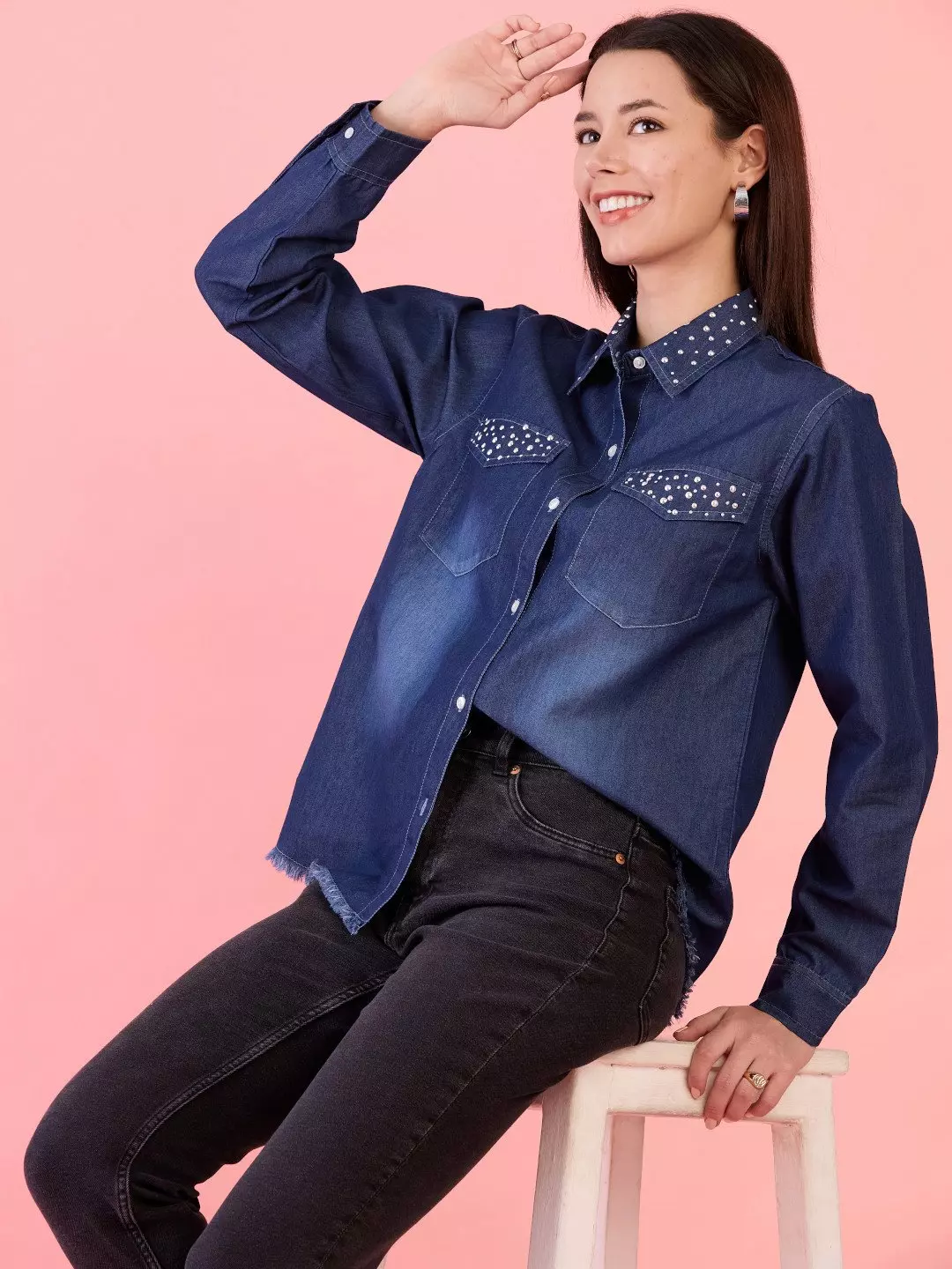 Stud Embellished Indigo Blue Denim Shirt ADFY GSONDJ 024 Cilory