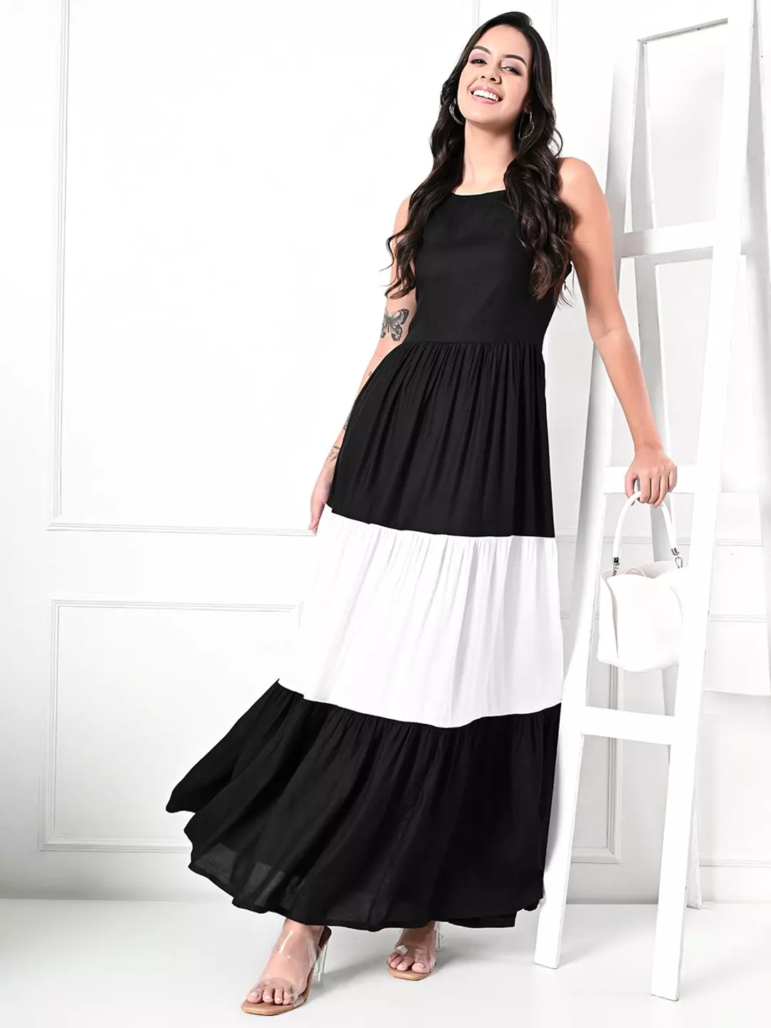 casual black and white maxi dress & Colorblock Tiered Waist Size:46 nightout cocktail black and white dress BOA DRESS - FRENCH but also much more