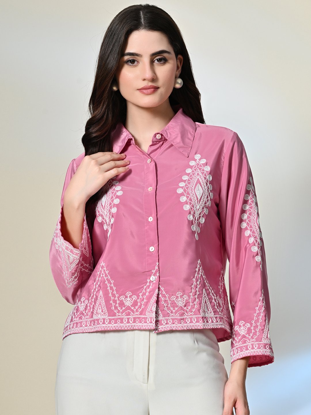 Pink Shirt With White Thread Embroidery | ADFY-SH-002