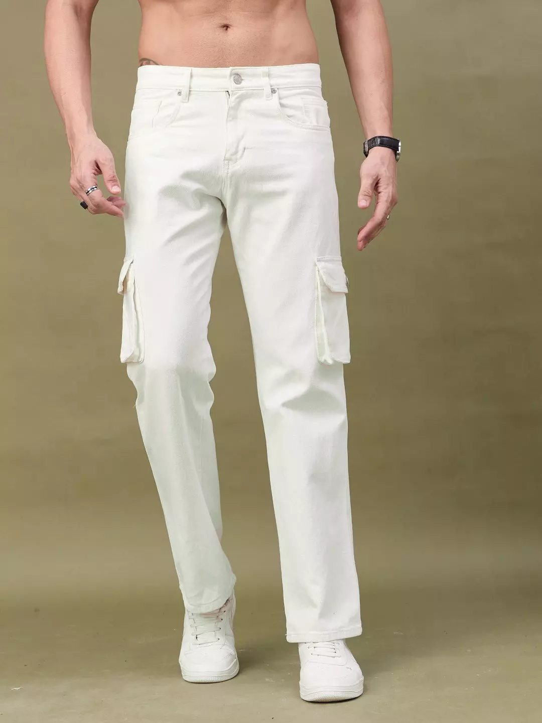 Grunt Off White Non Stretchable Straight fit Cargo Denim Jeans GRBJJ 145 Cilory