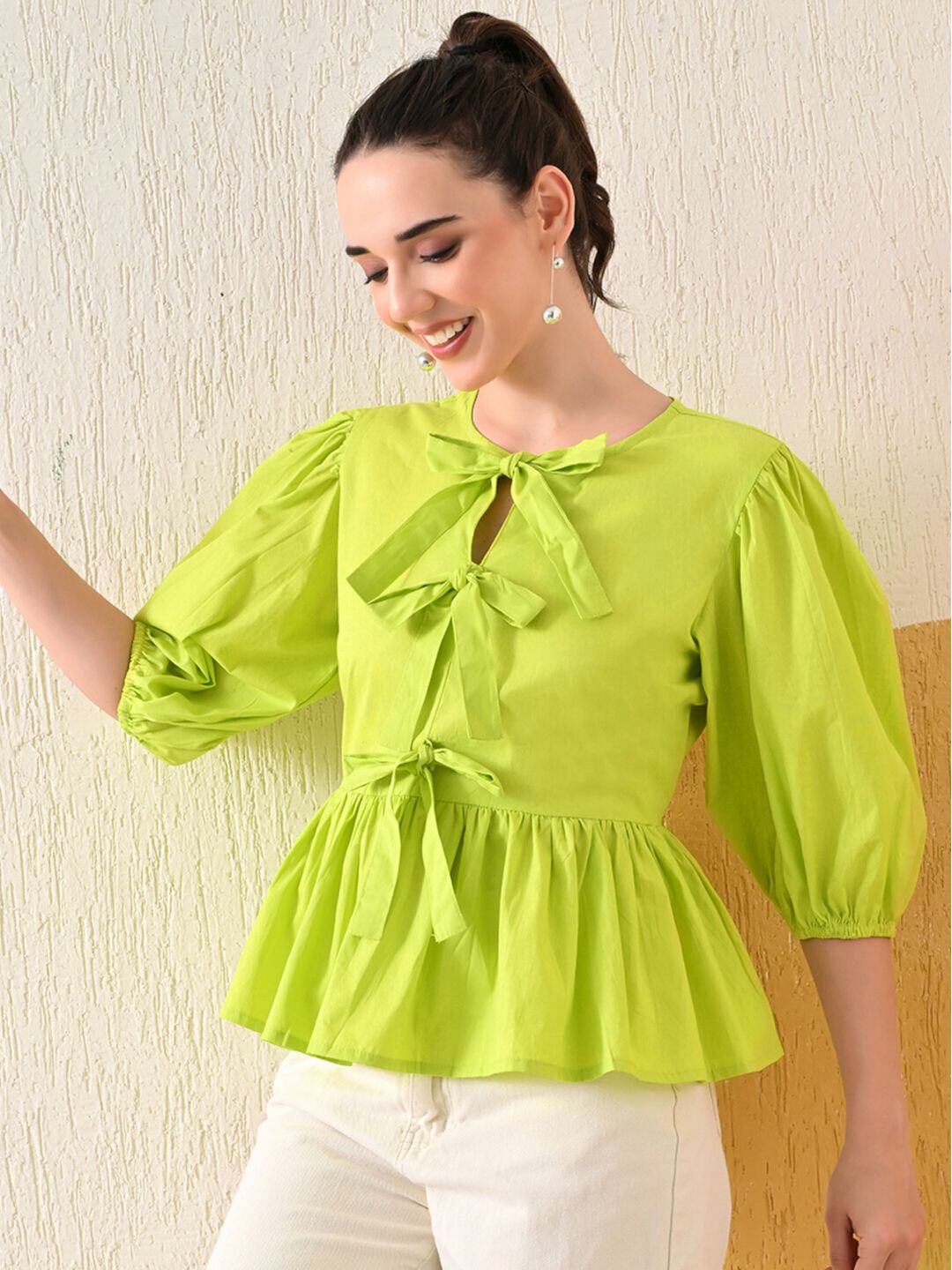 Poplin Balloon Sleeves Bow Tie Top for Women sheller Soft Bow