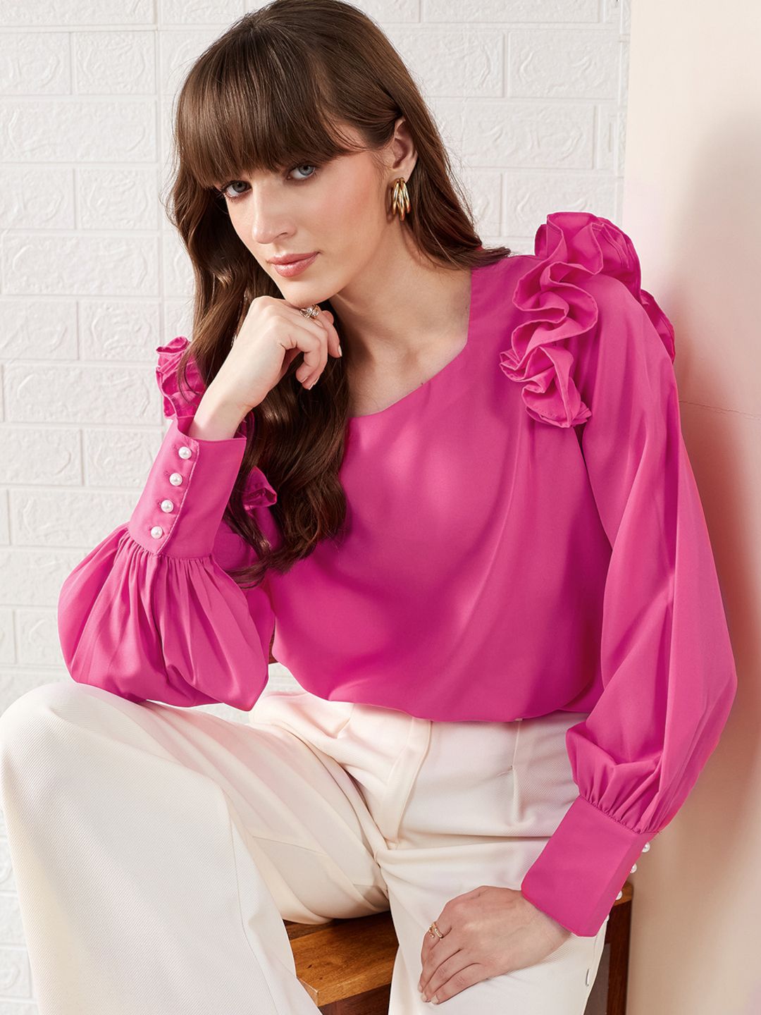 トップス Ruffle Sleeve Balloon Tops ruffle-detail-balloon-sleeve-