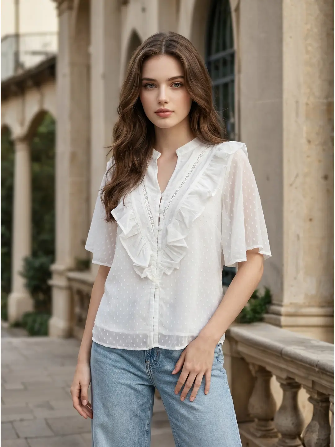 Mandarin V-Neck Georgette Ruffle Top | ADFYCLD-2350 | Cilory.com