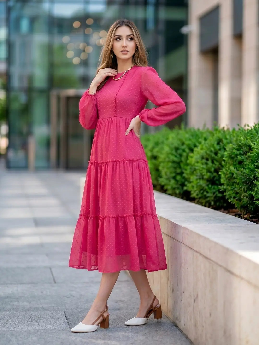 Balloon Sleeves Fuchsia Dobby Georgette Tiered Midi Dress | EST-VT