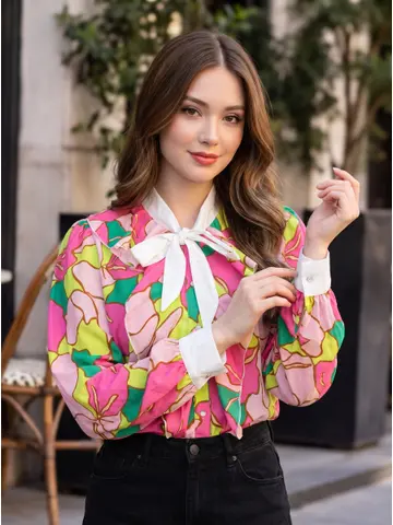 トップス Mame Flower Hand-Printed Crepe Blouse Vibrant Printed Crepe Tie-Up Blouse | ADFYCLT-2893 | Cilory.com