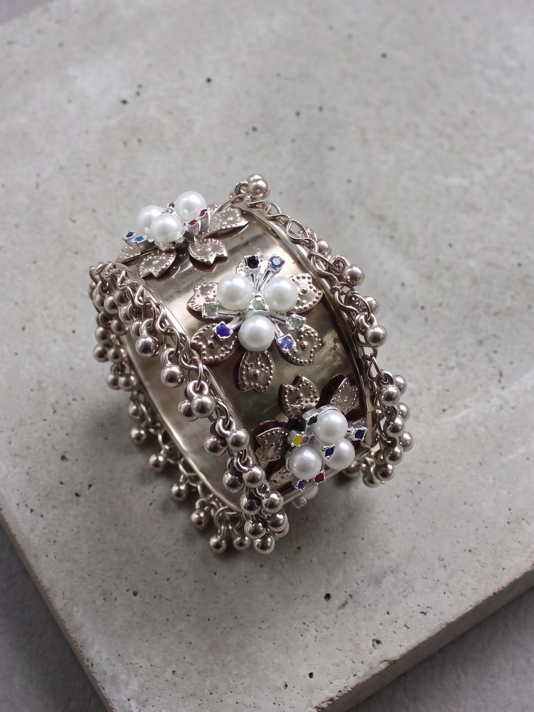 Silver Floral Pearl Handicraft Bangle | B242-MMJ-194 | Cilory.com