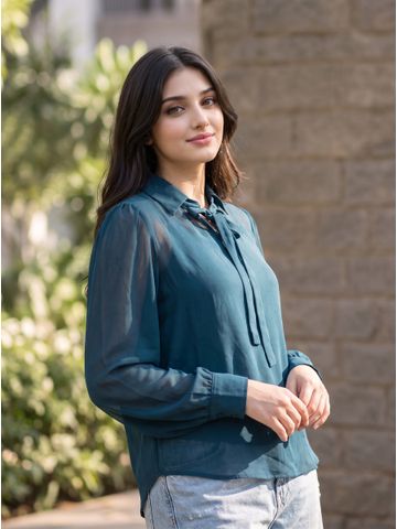 Teal Tie Neck Collared Georgette Top | ESTCLT-1648 | Cilory.com